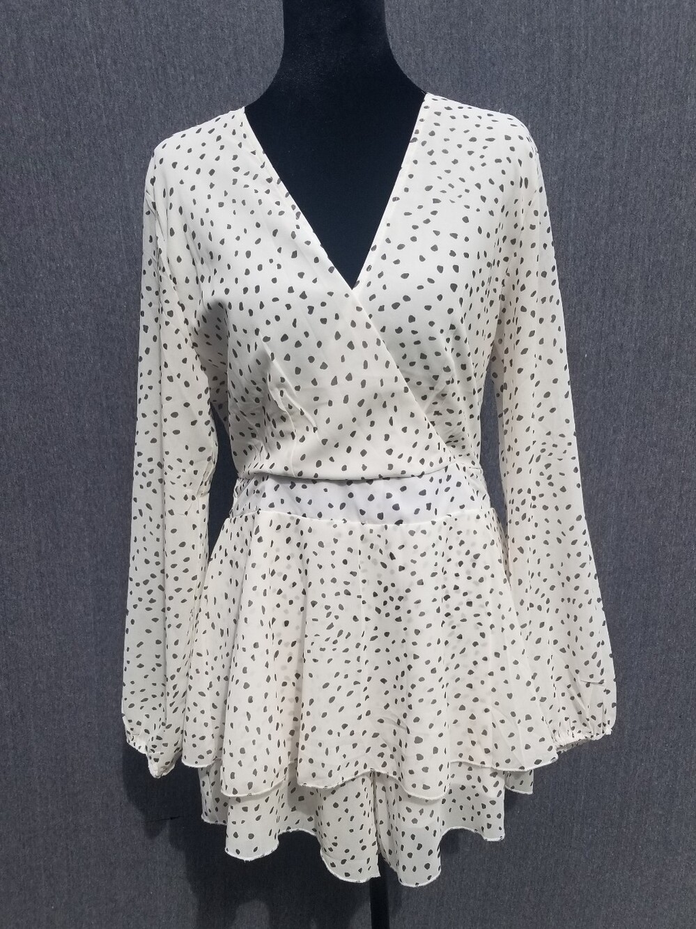 Classic White and Brown Dot Wrap-Style Long Sleeve Dress with Hidden Shorts